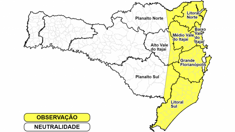 Defesa Civil emite alerta para chuvas fortes em oito regiões de SC nesta quarta