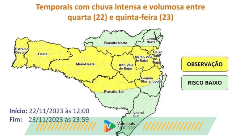 Temporais com chuva intensa e volumosa entre quarta (22) e quinta-feira (23)