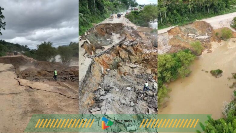 Novo deslizamento gigante arrasta pista inteira da BR-470 para o rio e vídeo impressiona