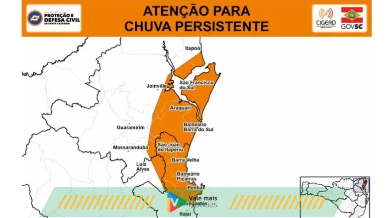 Chuva persistente gera novo alerta da Defesa Civil para três regiões de Santa Catarina
